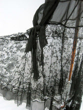 Load image into Gallery viewer, 1920s Black Silk Chiffon Gown Chantilly Lace Attached Cape