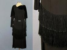 Load image into Gallery viewer, 1920s Black Silk Fringed Flapper Dress Long Sleeve