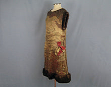 Load image into Gallery viewer, 1920s Gold Floral Lame Flapper Dress Brown Mink Fur and Pink Velvet Ribbon Trim