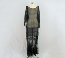 Load image into Gallery viewer, 1920s Black Silk Chiffon Gown Chantilly Lace Attached Cape