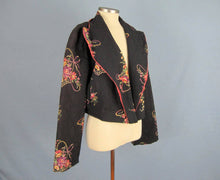 Load image into Gallery viewer, 1940s Quilted Bed Jacket Floral Print Black Rayon Kamore