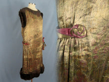 Load image into Gallery viewer, 1920s Gold Floral Lame Flapper Dress Brown Mink Fur and Pink Velvet Ribbon Trim