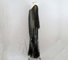 Load image into Gallery viewer, 1920s Black Silk Chiffon Gown Chantilly Lace Attached Cape