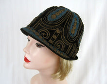 Load image into Gallery viewer, DEADSTOCK 1920s Beaded Cloche Hat Gold Metal Lace Blue Soutache