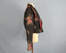 Load image into Gallery viewer, 1940s Bed Jacket Floral Print Black Rayon Kamore