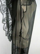 Load image into Gallery viewer, 1920s Black Silk Chiffon Gown Chantilly Lace Attached Cape