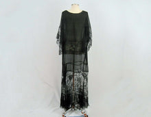 Load image into Gallery viewer, 1920s Black Silk Chiffon Gown Chantilly Lace Attached Cape