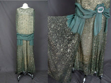 Load image into Gallery viewer, 1920s Silk Net Lace Gown Gold Metal Embroidery Jade Green Silk Lame