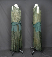 Load image into Gallery viewer, 1920s Silk Net Lace Gown Gold Metal Embroidery Jade Green Silk Lame