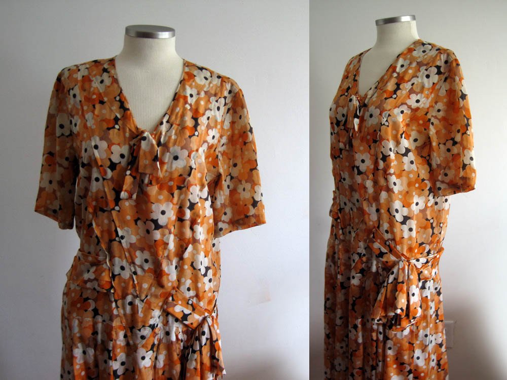 1920s Silk Flapper Dress Orange Floral Novelty Print