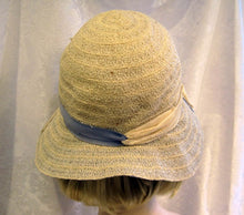 Load image into Gallery viewer, DEADSTOCK 1920s Flapper Cloche Hat Cream Blue Raffia Wide Brim