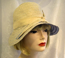 Load image into Gallery viewer, DEADSTOCK 1920s Flapper Cloche Hat Cream Blue Raffia Wide Brim