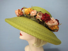 Load image into Gallery viewer, Kiwi Green Kokin Straw Hat Wide Brim Pink Yellow Roses Derby Tea Party 1980s