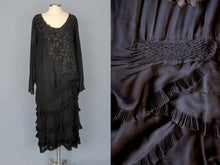 Load image into Gallery viewer, 1920s Blue Silk Dress Honeycomb Smocking Schiffli Lace Flapper Dress