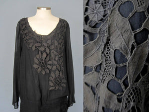 1920s Blue Silk Dress Honeycomb Smocking Schiffli Lace Flapper Dress