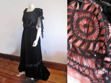 Load image into Gallery viewer, 1900s Belle Epoque velvet gown, midnight blue silk velvet, silk chiffon, metal soutache
