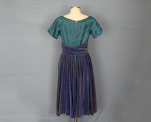 Load image into Gallery viewer, 1950s Purple Velvet Teal Brocade Party Swing Dress Vogue Couturier Design