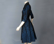 Load image into Gallery viewer, 1950s New Look Tailored Suit Blue Black Satin Brocade