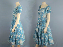 Load image into Gallery viewer, 1950s Blue Floral Swing Dress Circle Skirt Jeanette Alexander