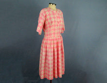 Load image into Gallery viewer, 1950s Day Dress Pink & White Buffalo Plaid Clip Dot Cotton