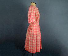 Load image into Gallery viewer, 1950s Day Dress Pink & White Buffalo Plaid Clip Dot Cotton