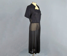 Load image into Gallery viewer, 1940s Navy Blue Sheer Chiffon Dress Satin Trim