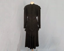 Load image into Gallery viewer, 1940s Black Cocktail Dress Peplum Waist Textured Rayon Fanya