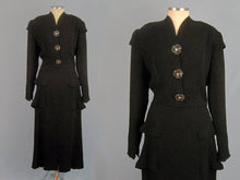 Load image into Gallery viewer, 1940s Black Cocktail Dress Peplum Waist Textured Rayon Fanya