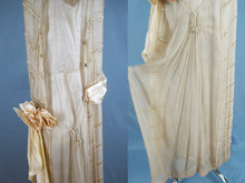 Load image into Gallery viewer, 1920s Cream Silk Tabard Dress Embroidered Window Pane Pattern Silk Rolled Roses