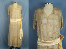 Load image into Gallery viewer, 1920s Cream Silk Tabard Dress Embroidered Window Pane Pattern Silk Rolled Roses