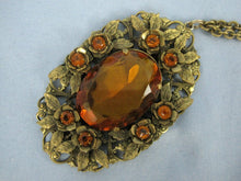 Load image into Gallery viewer, 1930s necklace large faceted amber glass pendant filigree brass