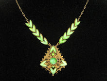 Load image into Gallery viewer, 1920s Neiger Style Egyptian Revival Necklace Nile Green Czech Glass Peking Glass
