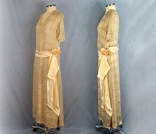 Load image into Gallery viewer, 1920s Cream Silk Tabard Dress Embroidered Window Pane Pattern Silk Rolled Roses