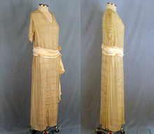 Load image into Gallery viewer, 1920s Cream Silk Tabard Dress Embroidered Window Pane Pattern Silk Rolled Roses
