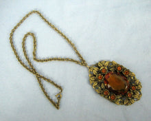 Load image into Gallery viewer, 1930s necklace large faceted amber glass pendant filigree brass