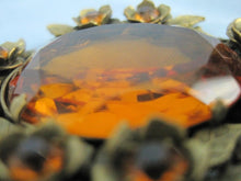Load image into Gallery viewer, 1930s necklace large faceted amber glass pendant filigree brass
