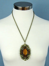 Load image into Gallery viewer, 1930s necklace large faceted amber glass pendant filigree brass