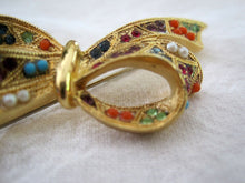 Load image into Gallery viewer, 1950s Rhinestone Bow Brooch Multi-colored Glass Stones