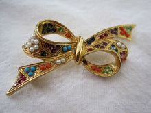 Load image into Gallery viewer, 1950s Rhinestone Bow Brooch Multi-colored Glass Stones