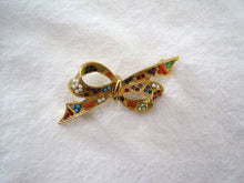 Load image into Gallery viewer, 1950s Rhinestone Bow Brooch Multi-colored Glass Stones