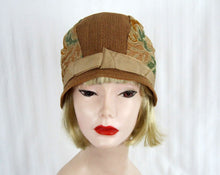 Load image into Gallery viewer, 1920s Straw Cloche Hat Embroidered Linen