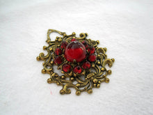 Load image into Gallery viewer, 1920s Art Deco Bohemian Pendant Ruby Czech Glass Cabochons Brass Filigree