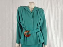 Load image into Gallery viewer, 1940s Lilli Ann Aqua Wool Suit Carved Apple Juice Lucite Buckle