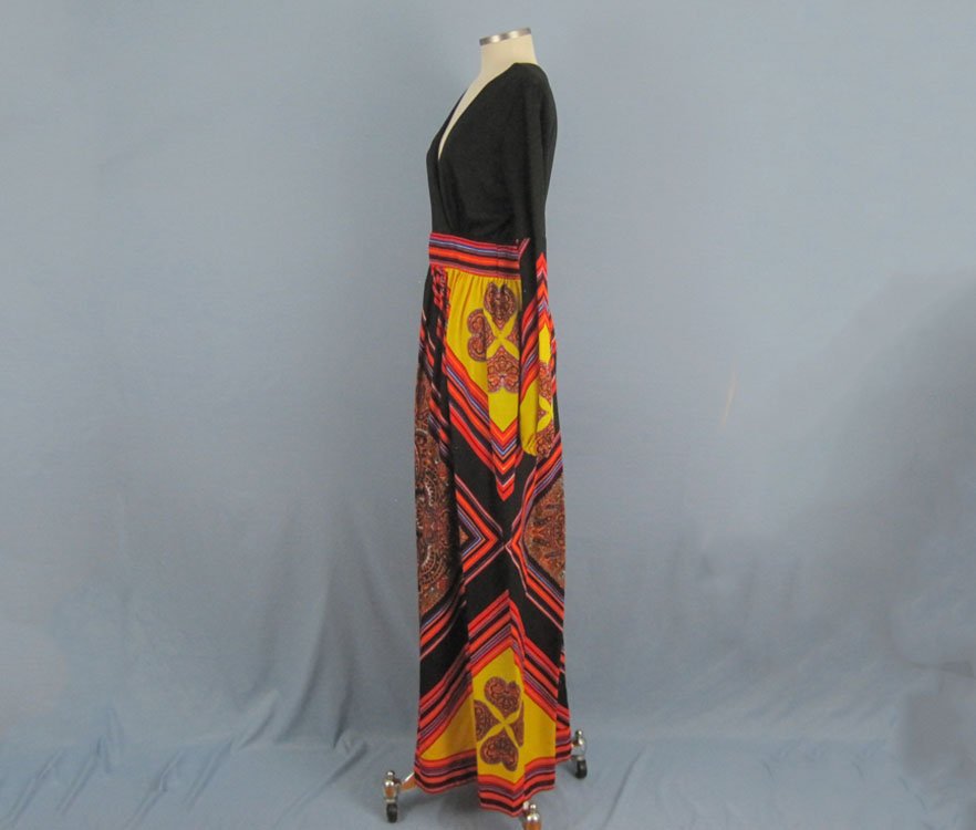 1960s Paisley Hippie Boho Maxi Dress Vibrant Colors Peck and Peck