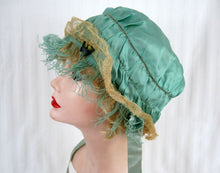 Load image into Gallery viewer, 1920s Green Silk Boudoir Cap Silk Ribbonwork Ostrich Feather