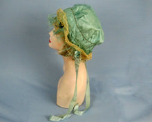 Load image into Gallery viewer, 1920s Green Silk Boudoir Cap Silk Ribbonwork Ostrich Feather