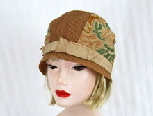 Load image into Gallery viewer, 1920s Straw Cloche Hat Embroidered Linen