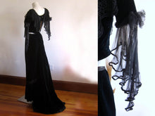 Load image into Gallery viewer, Belle Epoque velvet gown 1900s, midnight blue silk velvet, silk chiffon, metal soutache
