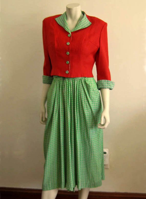 1940s Green Silk Halter Dress Paprika Cropped Jacket Antique Graces 1940s Green Silk Halter Dress Paprika Cropped Jacket Antique Graces