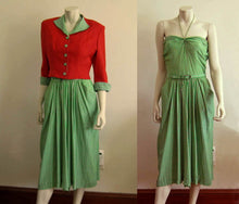 Load image into Gallery viewer, 1940s Green Silk Halter Dress Paprika Cropped Jacket